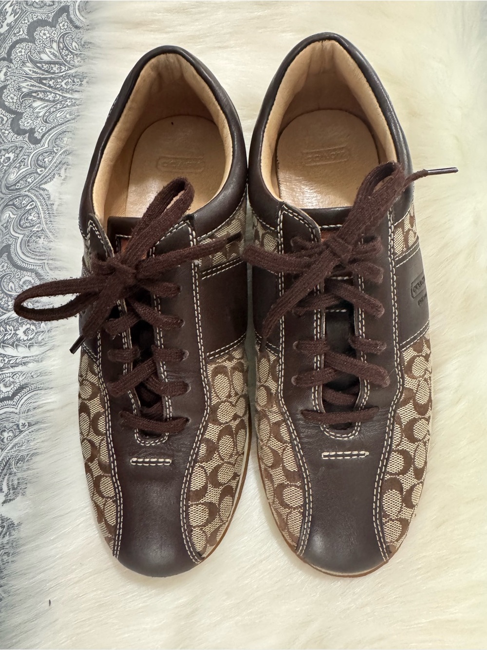 Coach Brown Logo-Print and Dark Brown Leather Sneakers.Size 7.5